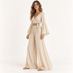 Natural Beige Boho Wrap Top and Wide-Leg Trouser Set side view
