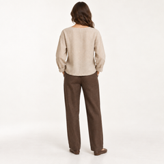 Natural Beige Relaxed Long-Sleeve Linen Top back view
