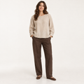 Natural Beige Relaxed Long-Sleeve Linen Top front view