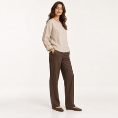 Natural Beige Relaxed Long-Sleeve Linen Top side view
