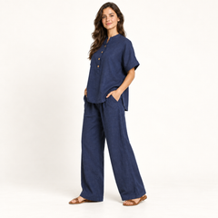 Navy Button Tunic and Wide-Leg Trouser Co-ord Set side view