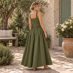 Rear three-quarter view of Cuirsy olive green square-neck linen maxi dress