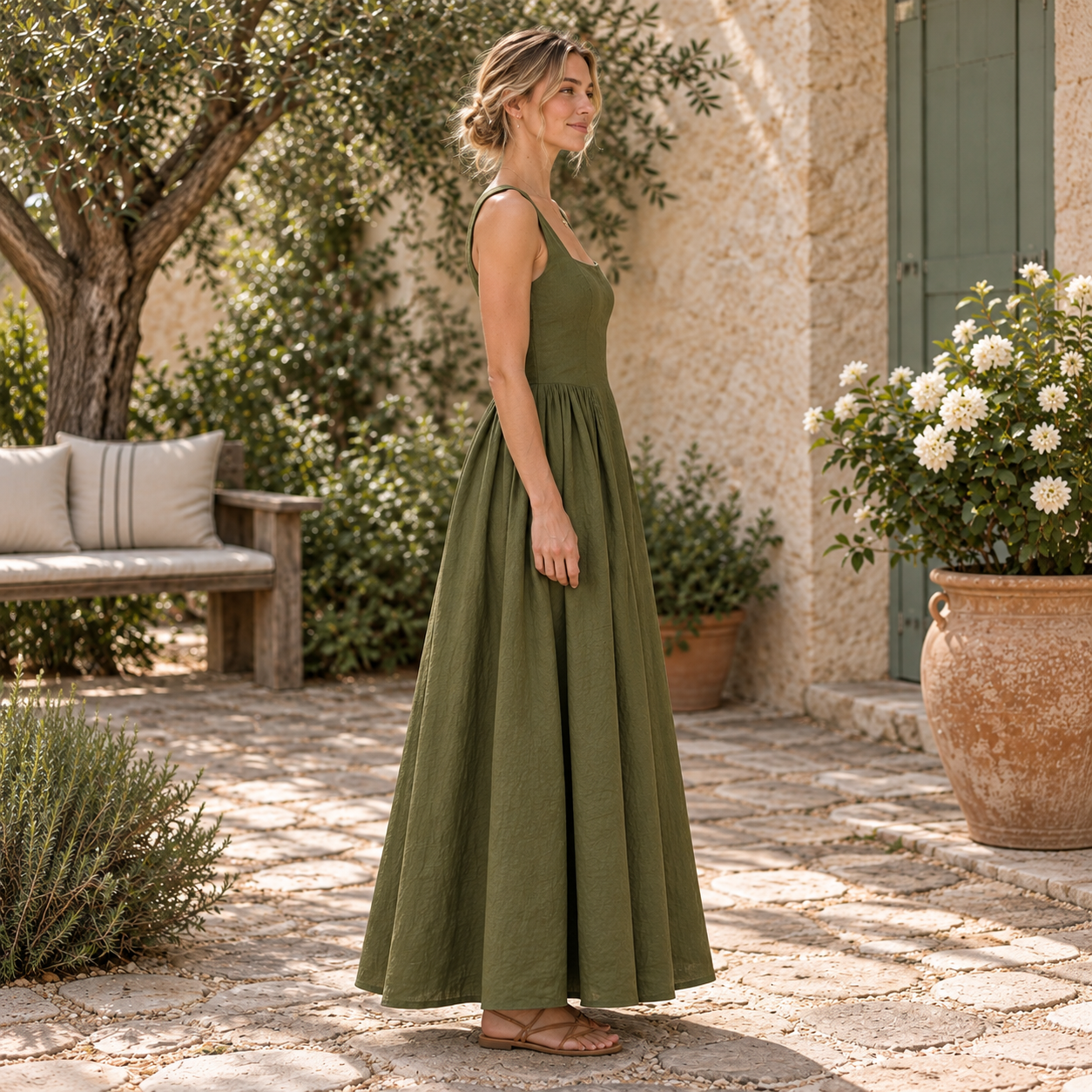 Side view of Cuirsy olive green square-neck linen maxi dress