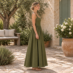 Side view of Cuirsy olive green square-neck linen maxi dress