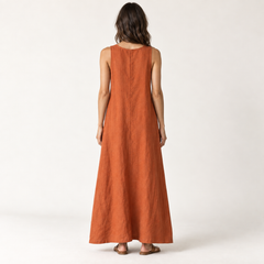 Rust Orange Deep V-Neck Linen Maxi Dress back view