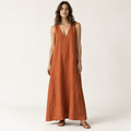 Rust Orange Deep V-Neck Linen Maxi Dress front view