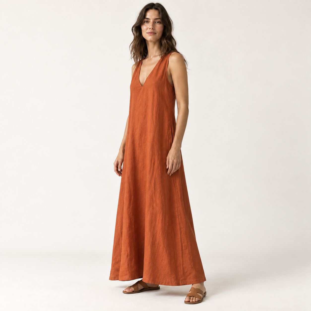 Rust Orange Deep V-Neck Linen Maxi Dress side view