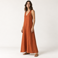 Rust Orange Deep V-Neck Linen Maxi Dress side view