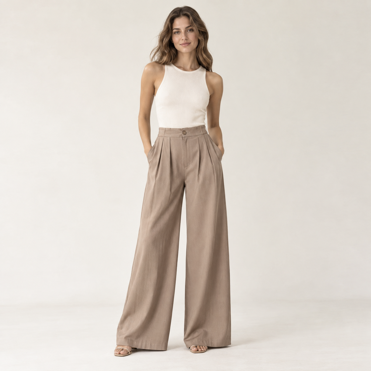 Cuirsy warm taupe high-waisted pleated cotton palazzo trousers front view