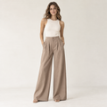 Cuirsy warm taupe high-waisted pleated cotton palazzo trousers front view