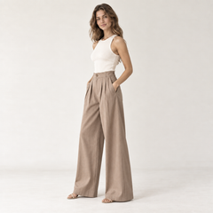 Cuirsy warm taupe high-waisted pleated cotton palazzo trousers side view